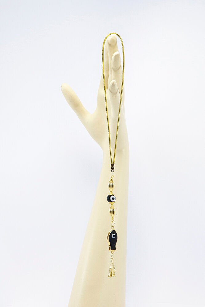 Siyah Cam Balık Siyah Cam Nazar Boncuğu Araba Dikiz Ayna Süsü, Gold Renkli Lüks Araç Süsü