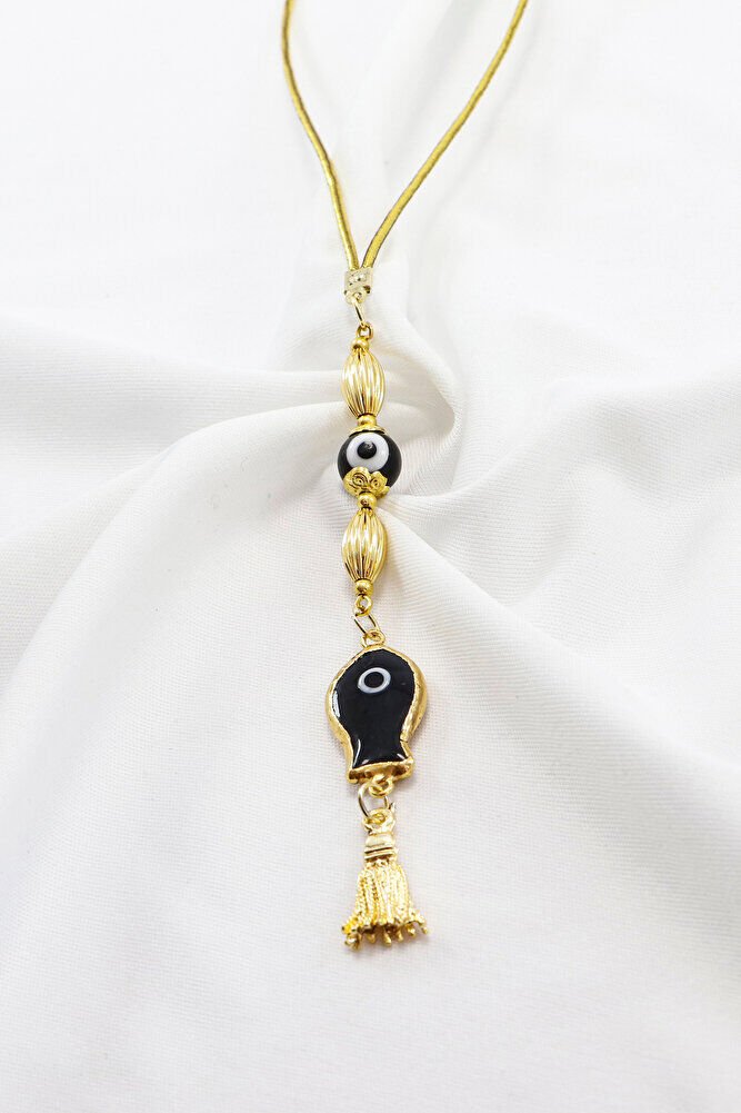 Siyah Cam Balık Siyah Cam Nazar Boncuğu Araba Dikiz Ayna Süsü, Gold Renkli Lüks Araç Süsü