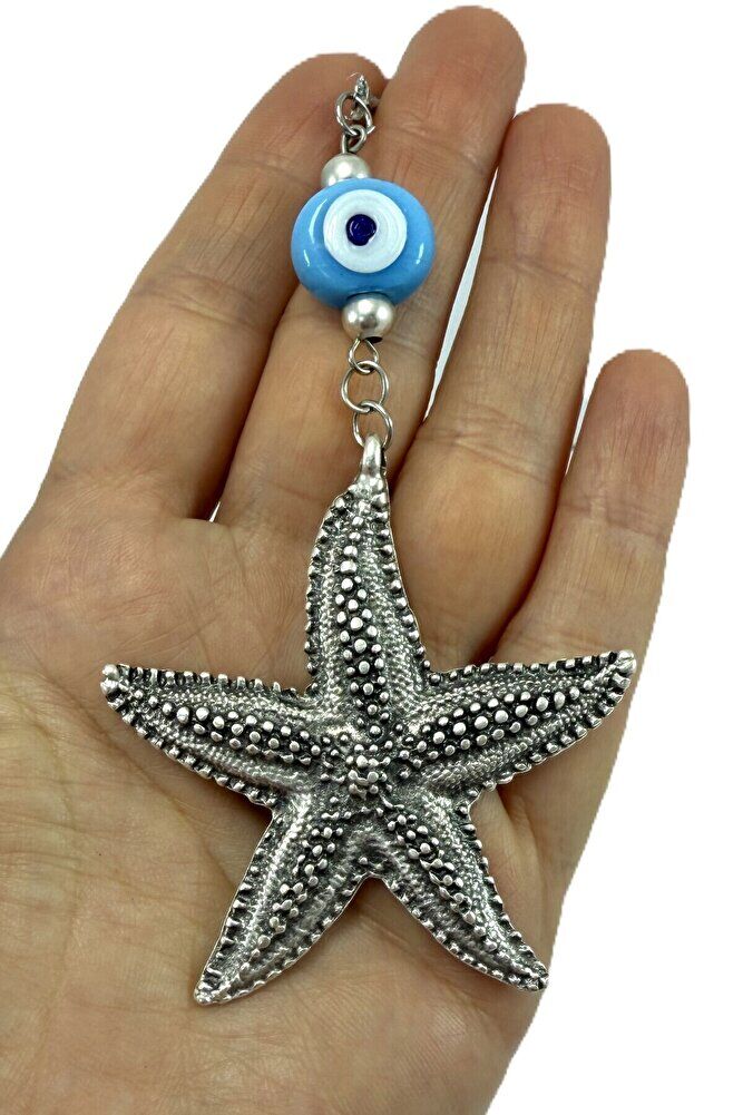 El Yapımı Cam Küçük Dana Gözü Detaylı Deniz Yıldızı Araba Dikiz Ayna Süsü Gümüş Renkli