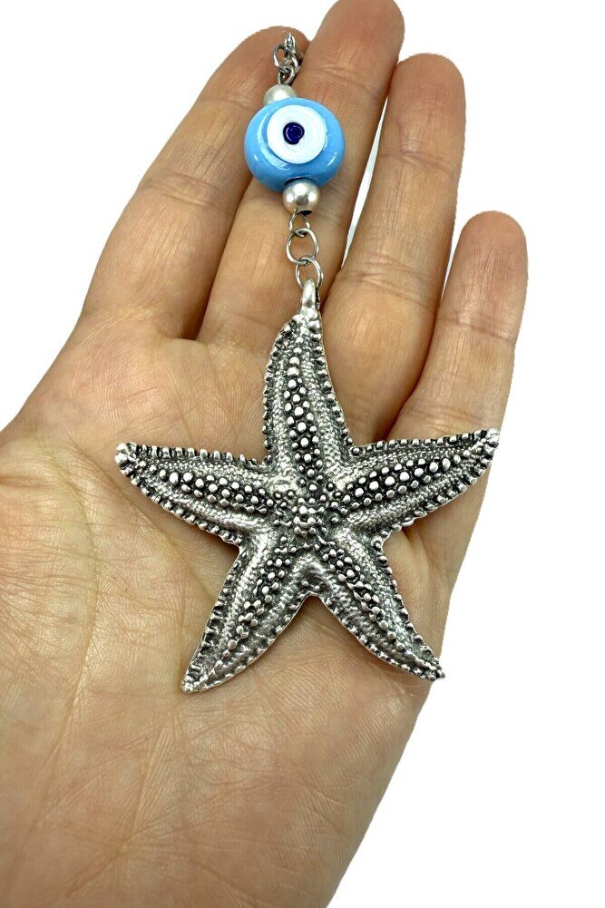 El Yapımı Cam Küçük Dana Gözü Detaylı Deniz Yıldızı Araba Dikiz Ayna Süsü Gümüş Renkli