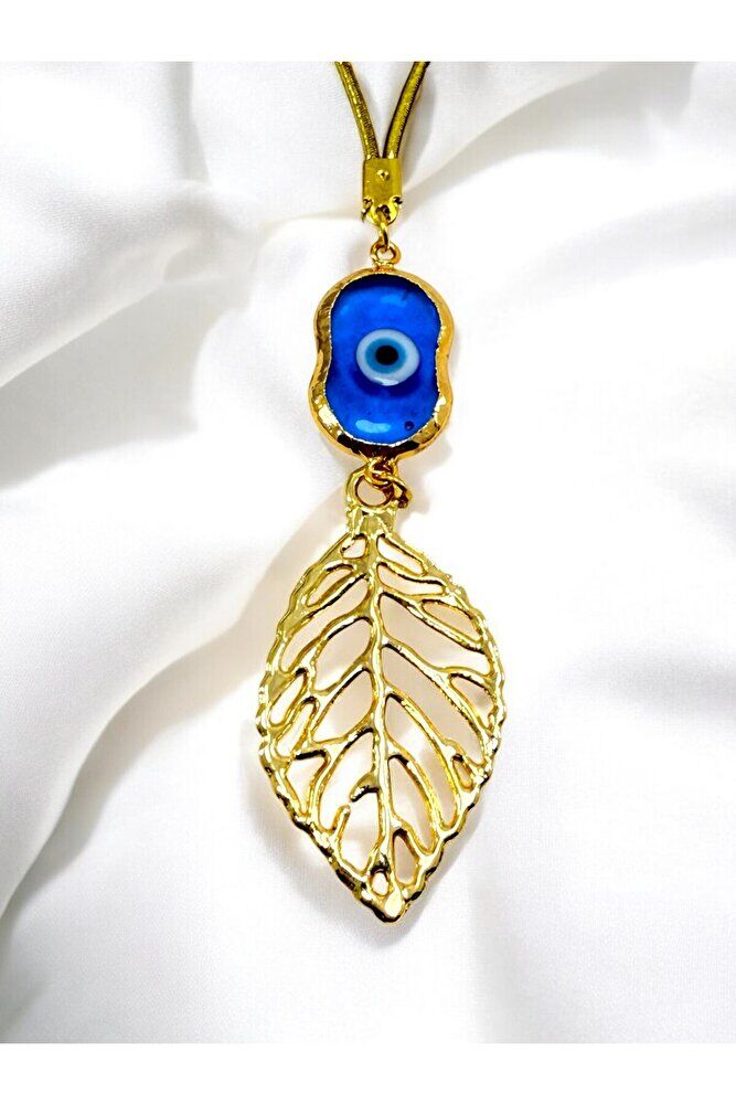 El Yapımı Cam Nazar Detaylı Metal Yaprak Araba Dikiz Ayna Süsü, Altın Renkli