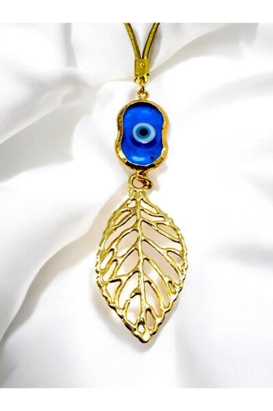 El Yapımı Cam Nazar Detaylı Metal Yaprak Araba Dikiz Ayna Süsü, Altın Renkli