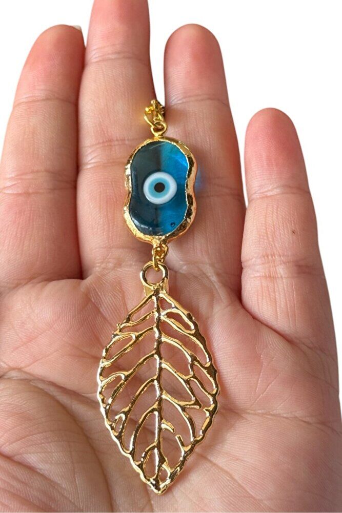 El Yapımı Cam Nazar Detaylı Metal Yaprak Araba Dikiz Ayna Süsü, Altın Renkli