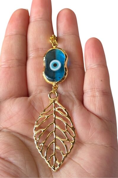 El Yapımı Cam Nazar Detaylı Metal Yaprak Araba Dikiz Ayna Süsü, Altın Renkli