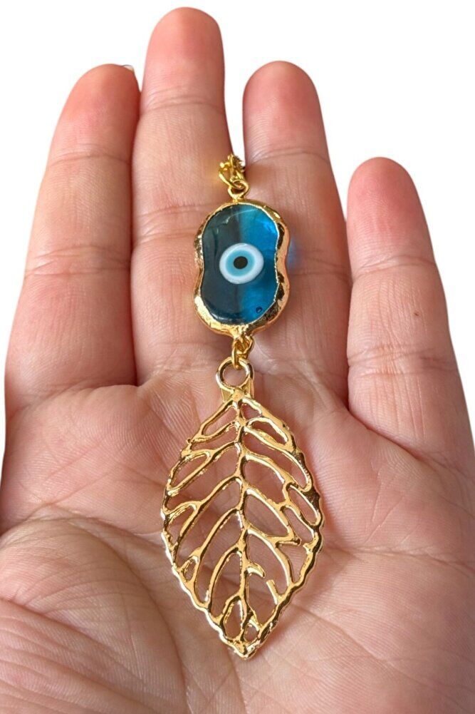 El Yapımı Cam Nazar Detaylı Metal Yaprak Araba Dikiz Ayna Süsü, Altın Renkli