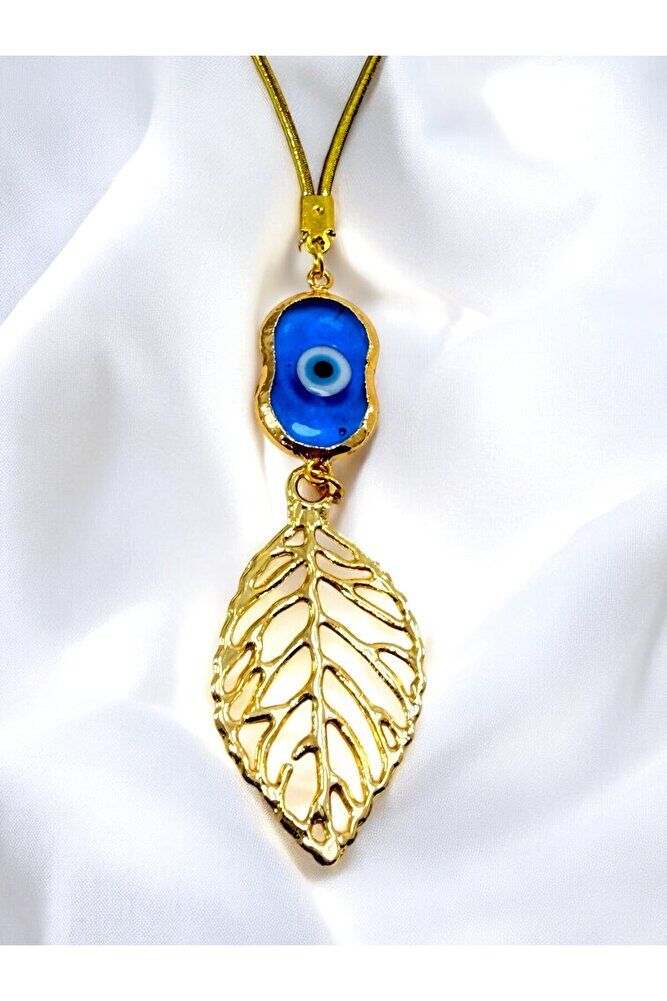 El Yapımı Cam Nazar Detaylı Metal Yaprak Araba Dikiz Ayna Süsü, Altın Renkli