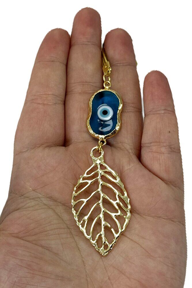 El Yapımı Cam Nazar Detaylı Metal Yaprak Araba Dikiz Ayna Süsü, Altın Renkli