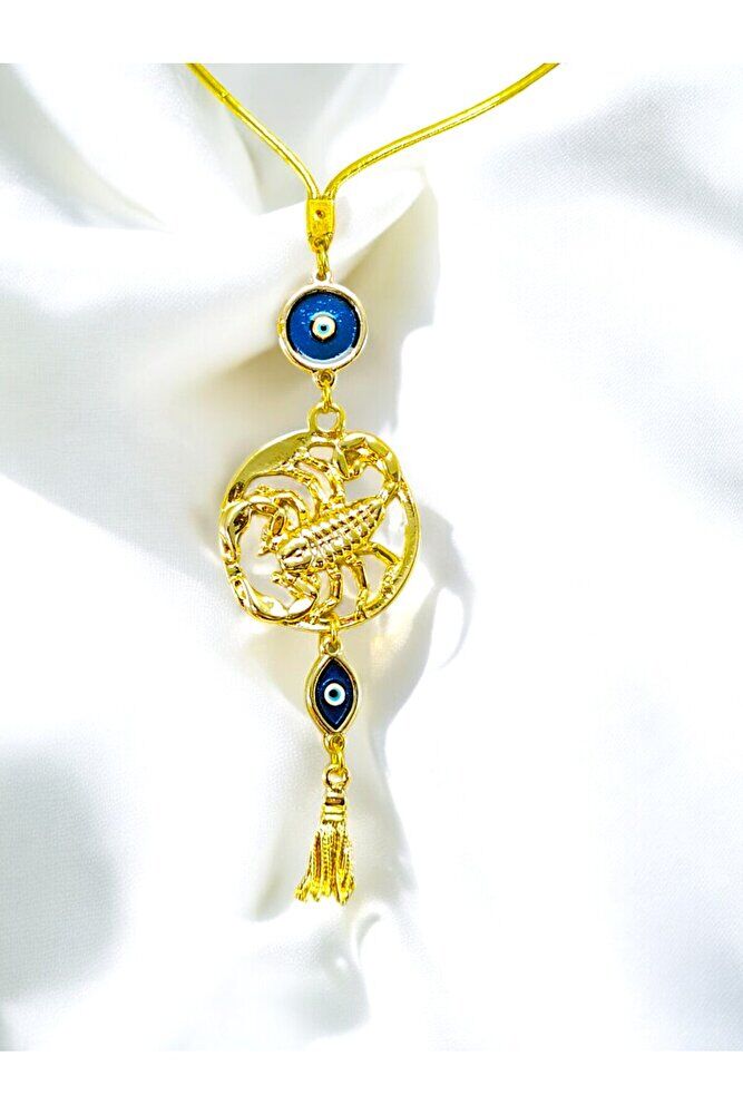 Mineli Nazar Detaylı Akrep Burcu Araba Dikiz Ayna Süsü, Püsküllü  Altın Renkli