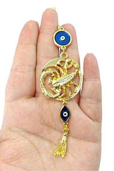 Mineli Nazar Detaylı Akrep Burcu Araba Dikiz Ayna Süsü, Püsküllü  Altın Renkli