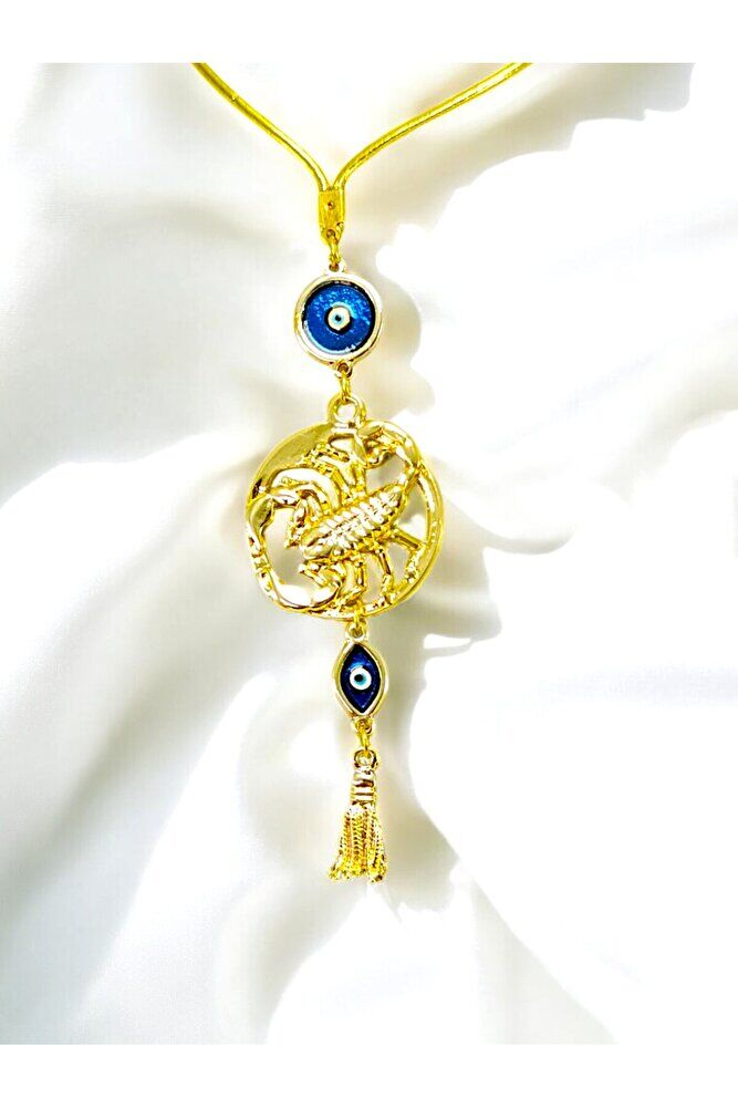 Mineli Nazar Detaylı Akrep Burcu Araba Dikiz Ayna Süsü, Püsküllü  Altın Renkli