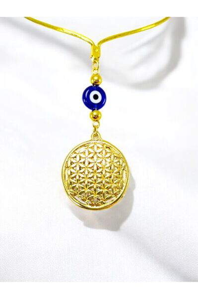 Metal Gold Yaşam Çiçeği Araba Dikiz Ayna Süsü, El Yapımı Cam Yassı Nazar Boncuğu Yeni Araba Hediyesi