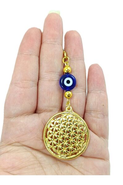 Metal Gold Yaşam Çiçeği Araba Dikiz Ayna Süsü, El Yapımı Cam Yassı Nazar Boncuğu Yeni Araba Hediyesi