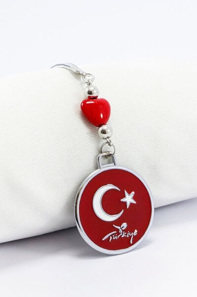 Dikiz Ayna Süsü, Metal Kırmızı Yuvarlak Türk Bayrağı, Kırmızı Cam Kalpli