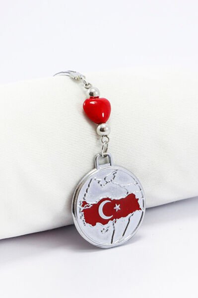 Dikiz Ayna Süsü, Metal Kırmızı Yuvarlak Türk Bayrağı, Kırmızı Cam Kalpli