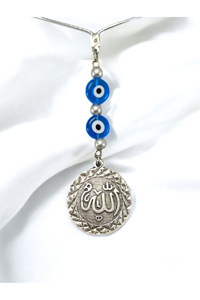 Allah Lafzı Araba Dikiz Ayna Süsü, Gümüş Renkli El Yapımı Yassı Nazar Detaylı Yeni Araba Hediyesi