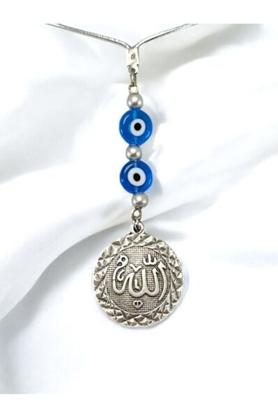 Allah Lafzı Araba Dikiz Ayna Süsü, Gümüş Renkli El Yapımı Yassı Nazar Detaylı Yeni Araba Hediyesi