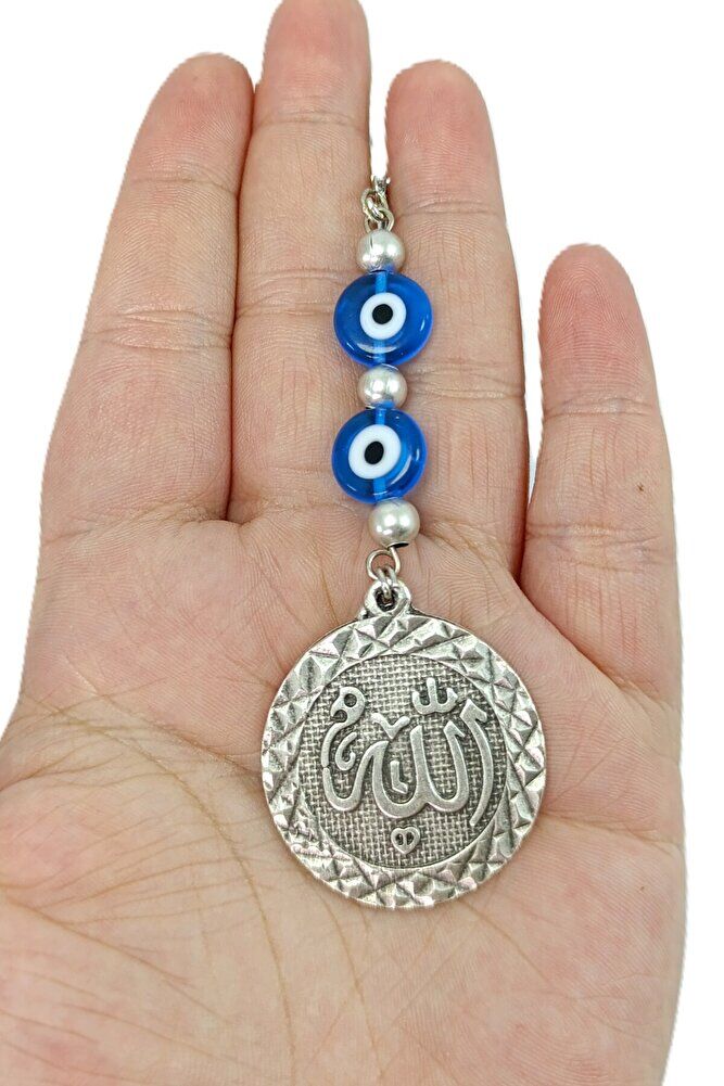 Allah Lafzı Araba Dikiz Ayna Süsü, Gümüş Renkli El Yapımı Yassı Nazar Detaylı Yeni Araba Hediyesi