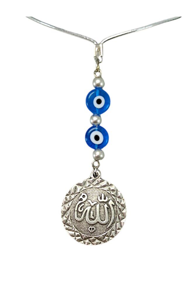 Allah Lafzı Araba Dikiz Ayna Süsü, Gümüş Renkli El Yapımı Yassı Nazar Detaylı Yeni Araba Hediyesi