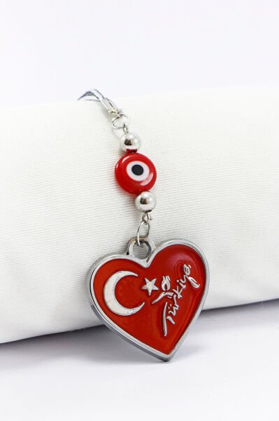 Dikiz Ayna Süsü, Metal Kırmızı Kalpli Türkiye Bayrak ve Logolu Kırmızı Nazar Boncuklu