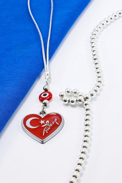 Dikiz Ayna Süsü, Metal Kırmızı Kalpli Türkiye Bayrak ve Logolu Kırmızı Nazar Boncuklu