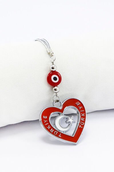 Dikiz Ayna Süsü, Metal Kırmızı Kalp Ay Yıldız Türkiye Araba Dekoru Hediyelik, Kırmızı Nazar Boncuklu