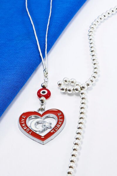 Dikiz Ayna Süsü, Metal Kırmızı Kalp Ay Yıldız Türkiye Araba Dekoru Hediyelik, Kırmızı Nazar Boncuklu