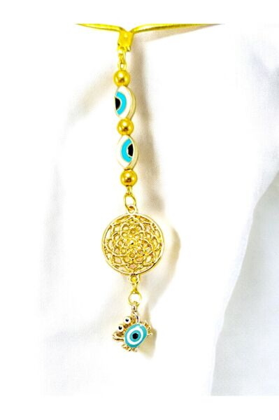 Küçük Yengeç, Elips Nazar Gözü Detaylı Metal Lotus Çiçeği Araba Dikiz Ayna Süsü/ Altın Rengi