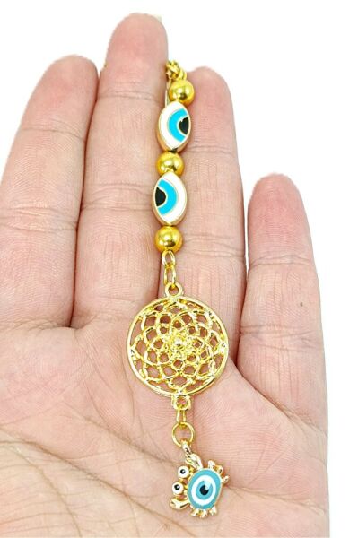 Küçük Yengeç, Elips Nazar Gözü Detaylı Metal Lotus Çiçeği Araba Dikiz Ayna Süsü/ Altın Rengi