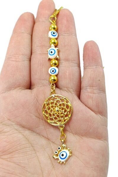 Küçük Yengeç, Kaplumbağa Nazar Detaylı Metal Lotus Çiçeği Araba Dikiz Ayna Süsü/ Altın Rengi