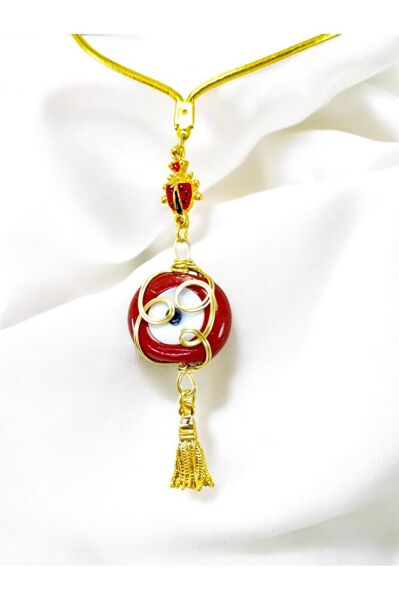 Küçük Uğur Böcekli Sarma Kırmızı Dana Gözü Araba Dikiz Ayna Süsü, Püsküllü Araba Hediyesi