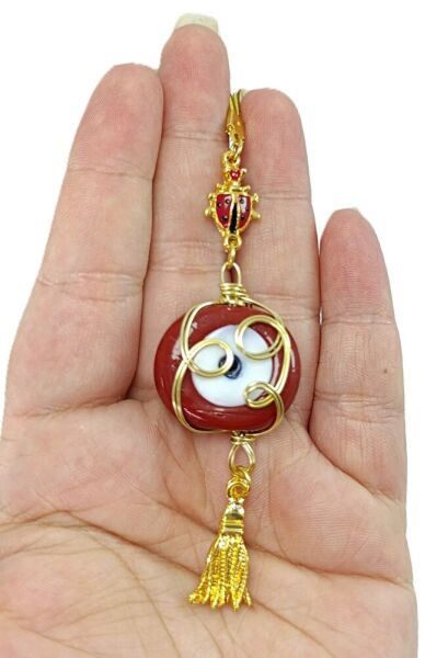 Küçük Uğur Böcekli Sarma Kırmızı Dana Gözü Araba Dikiz Ayna Süsü, Püsküllü Araba Hediyesi