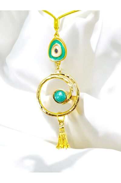 Turkuaz Nazar Boncuk Detaylı Gold Girdap Araba Dikiz Ayna Süsü/Püsküllü Yeni Araba Hediyesi