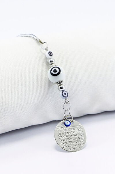 Siyah Beyaz Nazar Boncuklu Küçük Metal Ayetel Kürsi Araba Dikiz Ayna Süsü