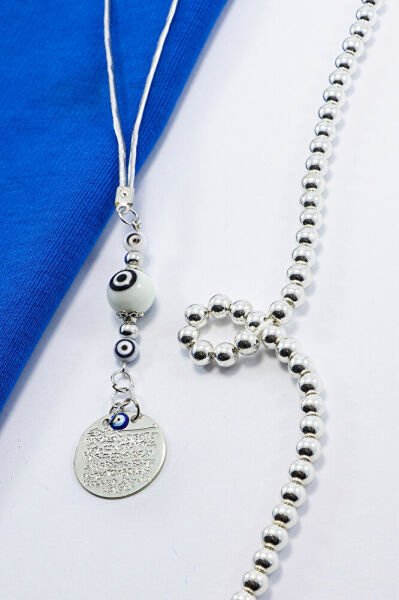 Siyah Beyaz Nazar Boncuklu Küçük Metal Ayetel Kürsi Araba Dikiz Ayna Süsü