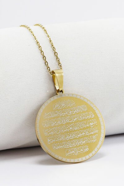 Gold Çift Taraflı Çelik Kolye Ayetel Kürsi Arka Yüzünde Nazar Ayeti Yazılı Kolye Plaka 3,5cm