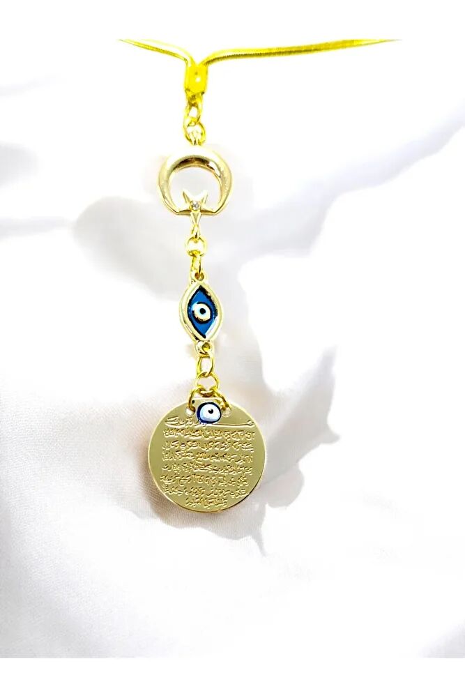 Ay Yıldız Mineli Nazar Detaylı Metal Ayetel Kürsi Araba Dikiz Ayna Süsü, Altın Renkli