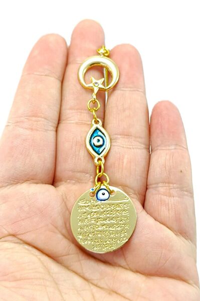 Ay Yıldız Mineli Nazar Detaylı Metal Ayetel Kürsi Araba Dikiz Ayna Süsü, Altın Renkli