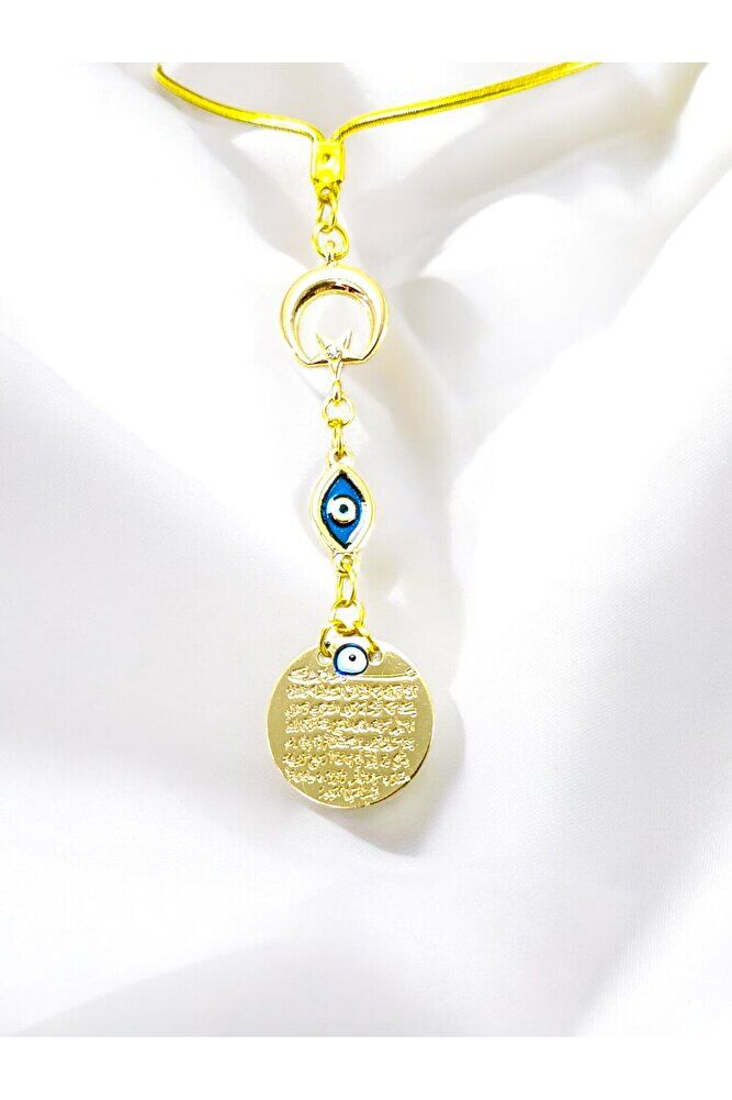 Ay Yıldız Mineli Nazar Detaylı Metal Ayetel Kürsi Araba Dikiz Ayna Süsü, Altın Renkli