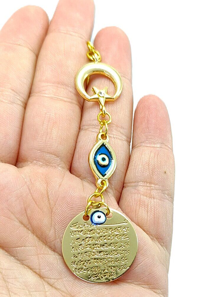 Ay Yıldız Mineli Nazar Detaylı Metal Ayetel Kürsi Araba Dikiz Ayna Süsü, Altın Renkli