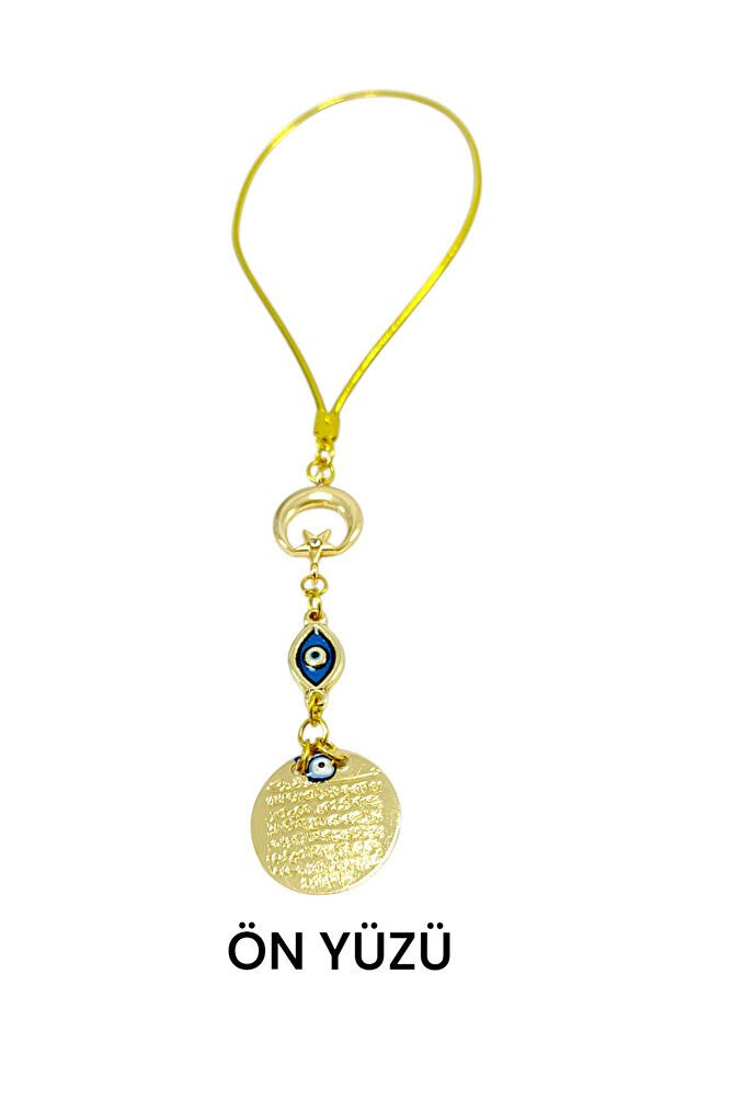 Ay Yıldız Mineli Nazar Detaylı Metal Ayetel Kürsi Araba Dikiz Ayna Süsü, Altın Renkli