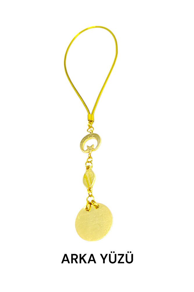 Ay Yıldız Mineli Nazar Detaylı Metal Ayetel Kürsi Araba Dikiz Ayna Süsü, Altın Renkli