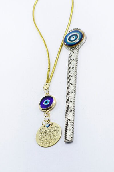 Çerçeveli Cam LAcivert Nazar boncuğu Küçük Metal Ayetel Kürsi Araba Dikiz Ayna Süsü