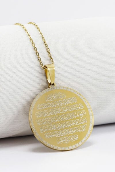 Çift Taraflı Çelik Kolye Ön Yüzünde Ayetel Kürsi Arka Yüzünde Hilye-i Şerif Yazılı Kolye Plaka 3,5cm