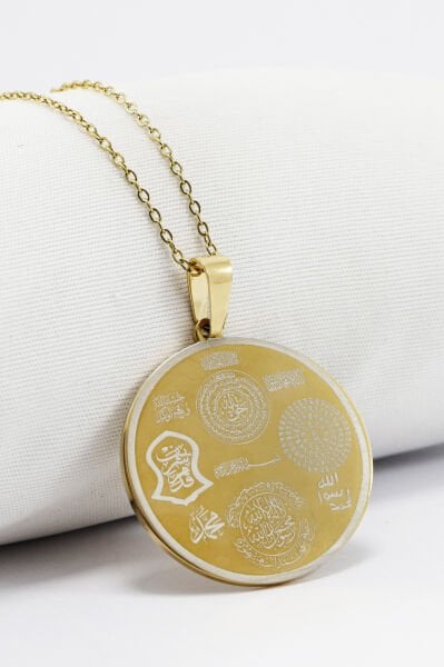 Çift Taraflı Çelik Kolye Ön Yüzünde Ayetel Kürsi Arka Yüzünde Hilye-i Şerif Yazılı Kolye Plaka 3,5cm