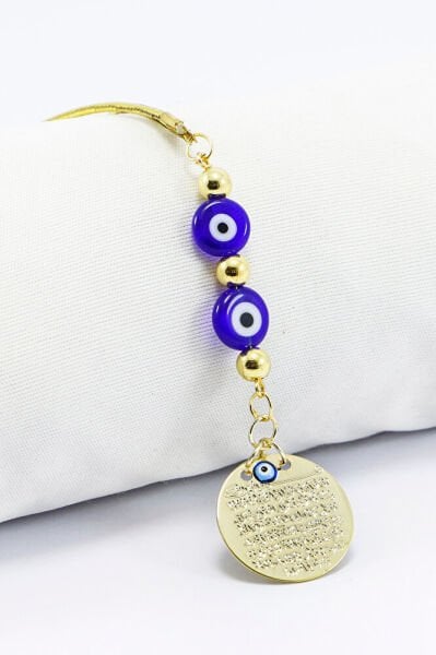 Gold Renkli Küçük Metal Ayetel Kürsi Çift Yassı Nazar Boncuğu Araba Dikiz Ayna Süsü