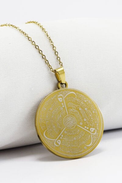 Çift Taraflı Çelik Kolye, Ayetel Kürsi Arka Yüzünde Felak Nas İhlas Yazılı Kolye Plaka 3,5cm