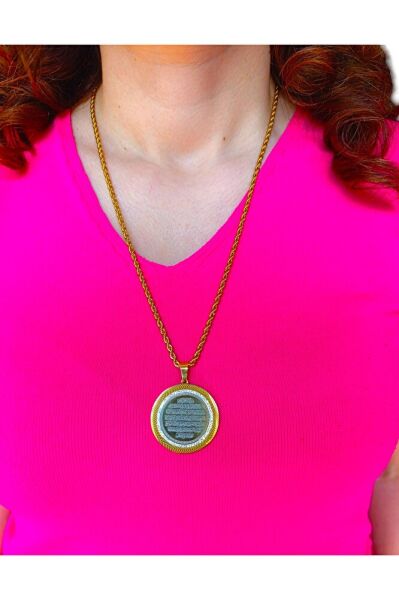 Gold Parlak Taş Çerçeveli Çelik Çift Taraflı Ayetel Kürsi/Felak Nas İhlas Burgu Zincirli Kolye