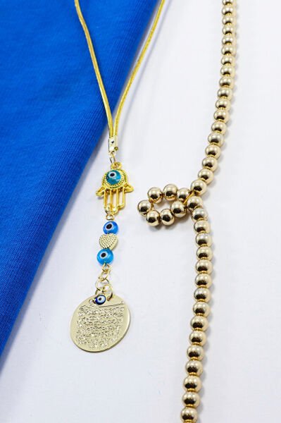 Turkuaz Minik Nazar Boncuklu Metal Ayet'el Kürsi Araba Dikiz Ayna Süsü, Hamse Fatma Ana Eli