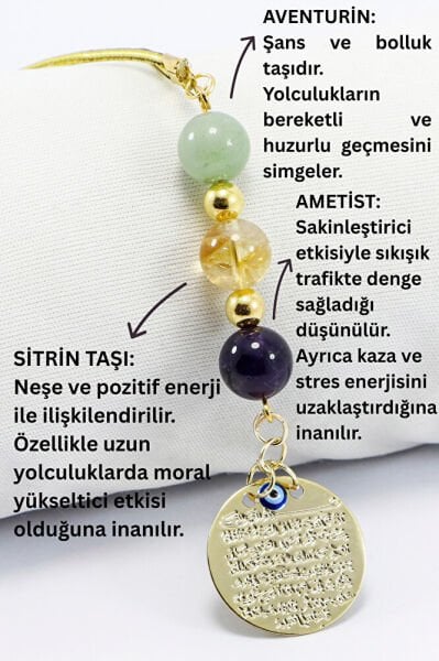 Metal Gold Renkli Ayetel Kürsi Dualı Araba Dikiz Ayna Süsü, Doğaltaş Ametist, Sitrin Taşı, Aventurin