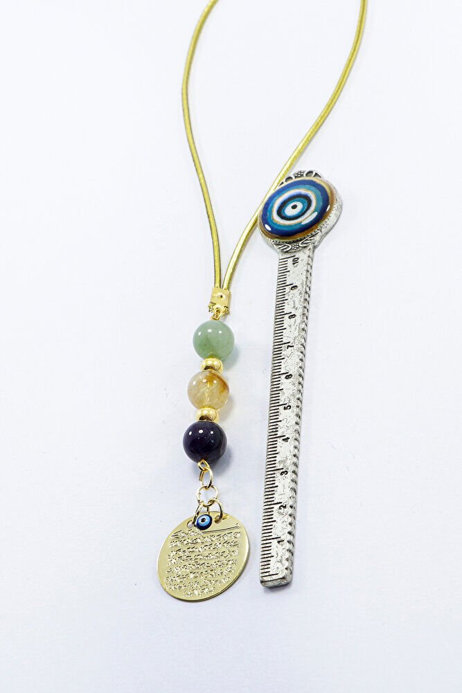 Metal Gold Renkli Ayetel Kürsi Dualı Araba Dikiz Ayna Süsü, Doğaltaş Ametist, Sitrin Taşı, Aventurin